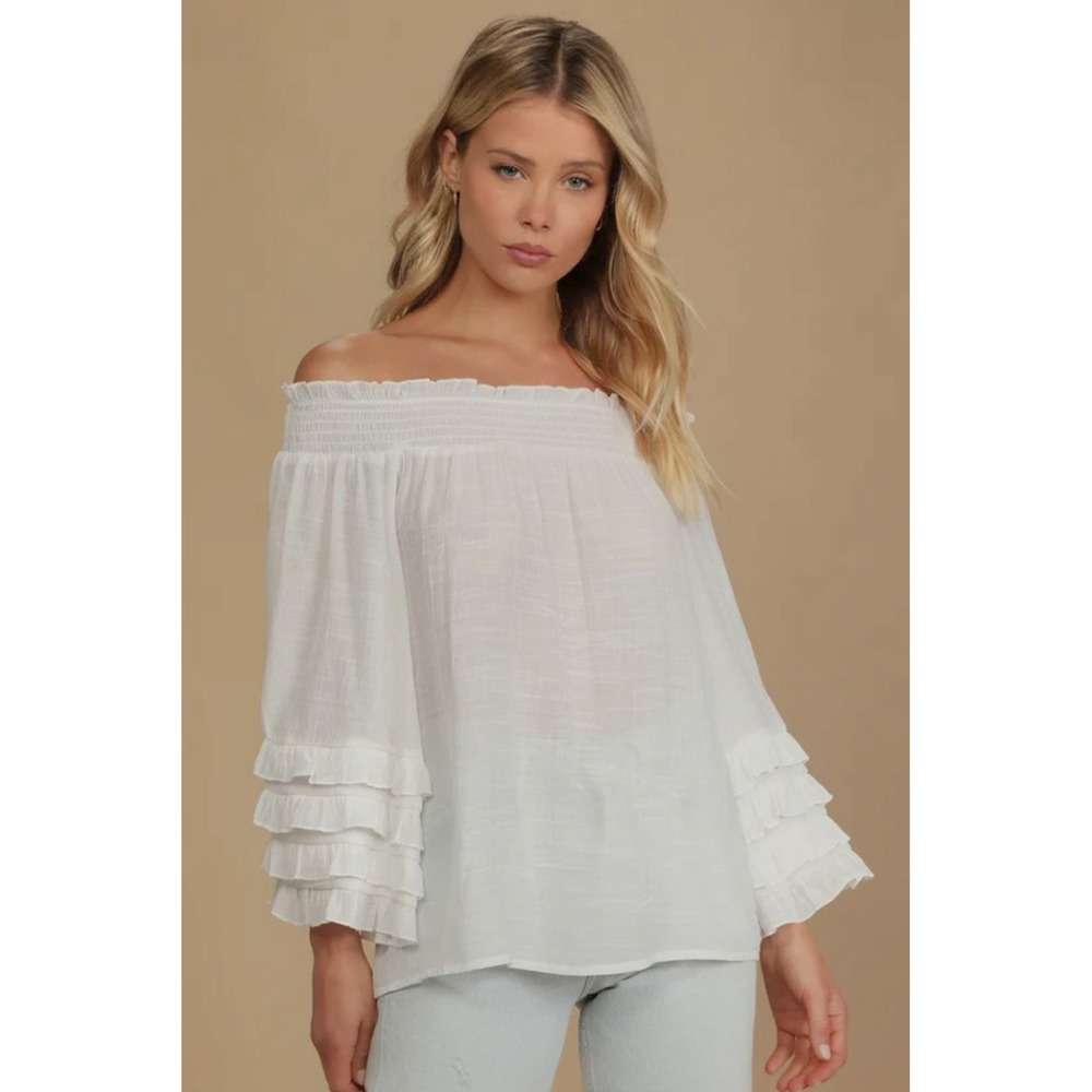Lulus White Ruffled Off-the-shoulder Long Sleeve Top Size‎ XS